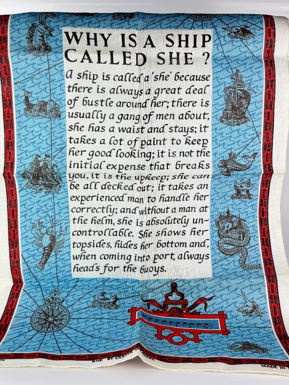 Vintage Ulster Weavers Pure Irish Linen Tea Towel Why Is A Ship Called She